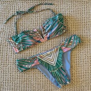 MARA HOFFMAN SWIN Tropical Pastel Palm Print Bikini Swimsuit in sz M EUC